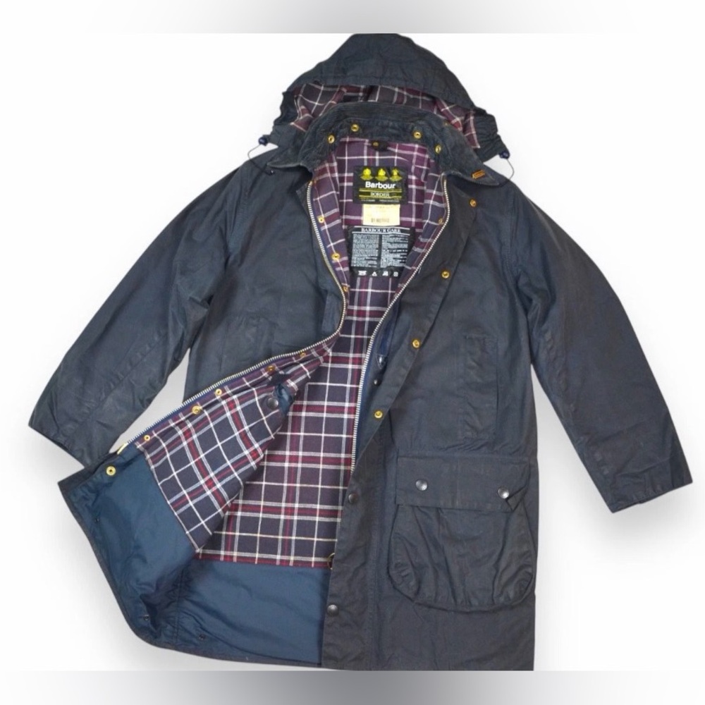VTG Barbour Border Wax Jacket With Hood 1994 A205 Navy Blue Made In England C38